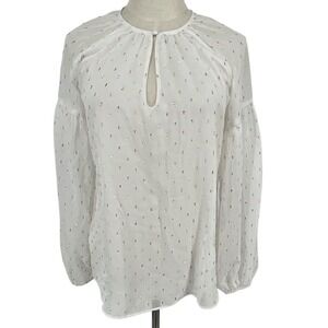 WHITE HOUSE BLACK MARKET Embellished Sheer Blouse Gold Sparkle Keyhole Neck Sz 6